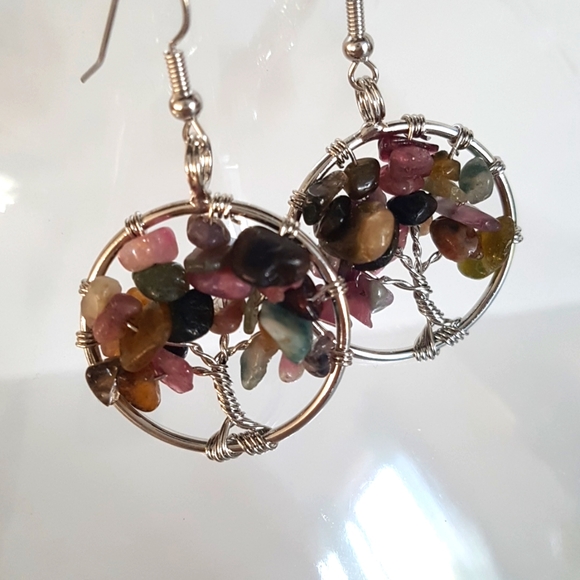 3/25$ Drop Earrings Tree of Life Tourmaline Naturel Gemstones - Picture 2 of 4